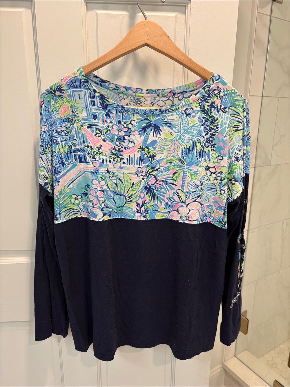 Lilly Pulitzer Navy Floral Panel Long-Sleeve Top
